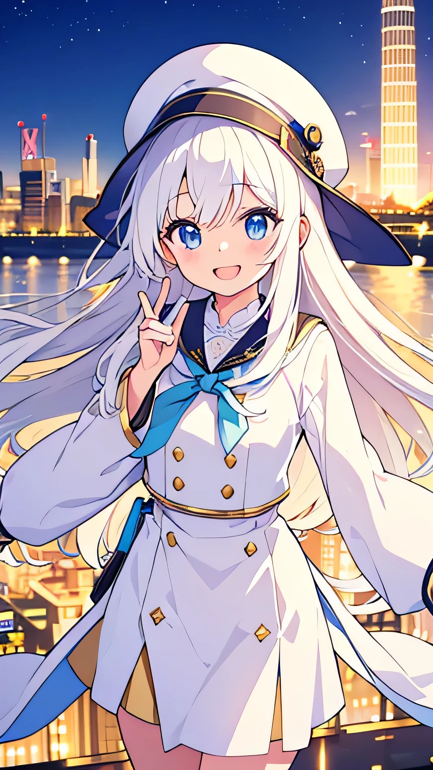 smile、Open your mouth、City Background、white hat with gold decoration、Long white hair、Put your whole body into it、Aori
