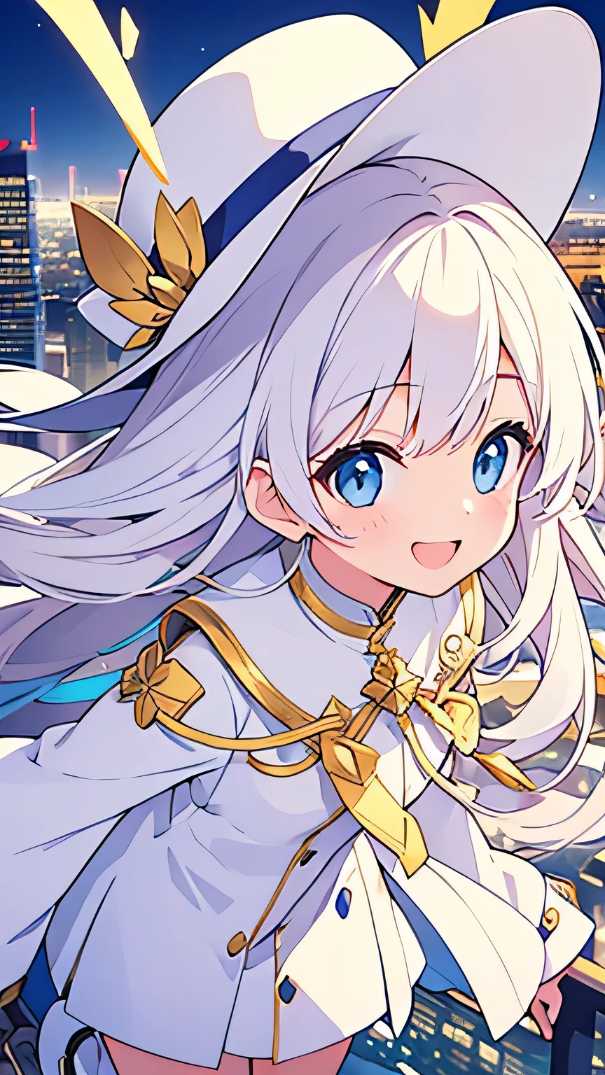 smile、Open your mouth、City Background、white hat with gold decoration、Long white hair、Put your whole body into it、Aori