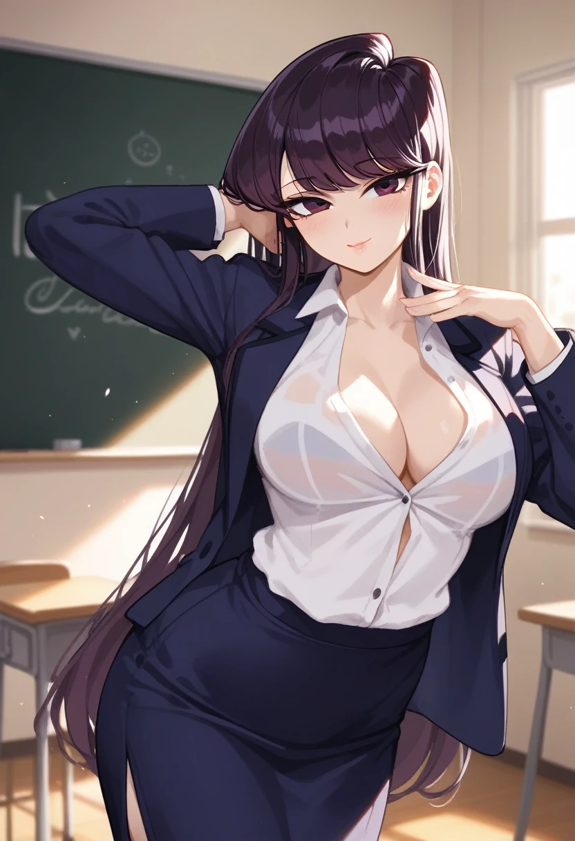 (mature woman), blushed, very horny, light skin, dress shirt, blazer, pencil skirt, (naughty face), Komi de Komi-san, (long skirt), beautiful face, (pose sexy), Sensual, highest quality, standing pose, (Bottom: Inside a classroom, in front of the blackboard)