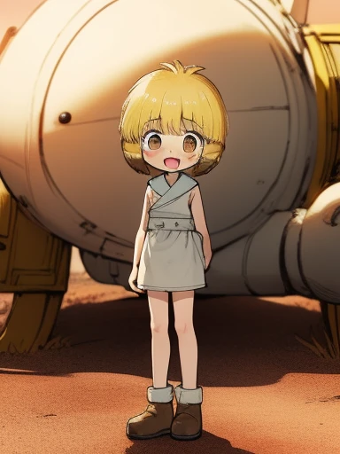 nyannyan, 1girl, solo, blonde hair,  open mouth, brown eyes, short hair, multicolored hair, blush, child, masterpiece, best quality, very aesthetic, absurdres, 1girl, smile, looking at viewer, open mouth, blush, eyebrows visible through hair, :d, standing by self, embarrassed, white legwear, smile, looking at viewer, standing by self, (flat chest, l body, HDR, uhd, front shot, public park, Desert, Lotus, Pokémon, White Wolf, Colorful Gradient, Clay Animation, Goldfish, Band, Heavy Machinery