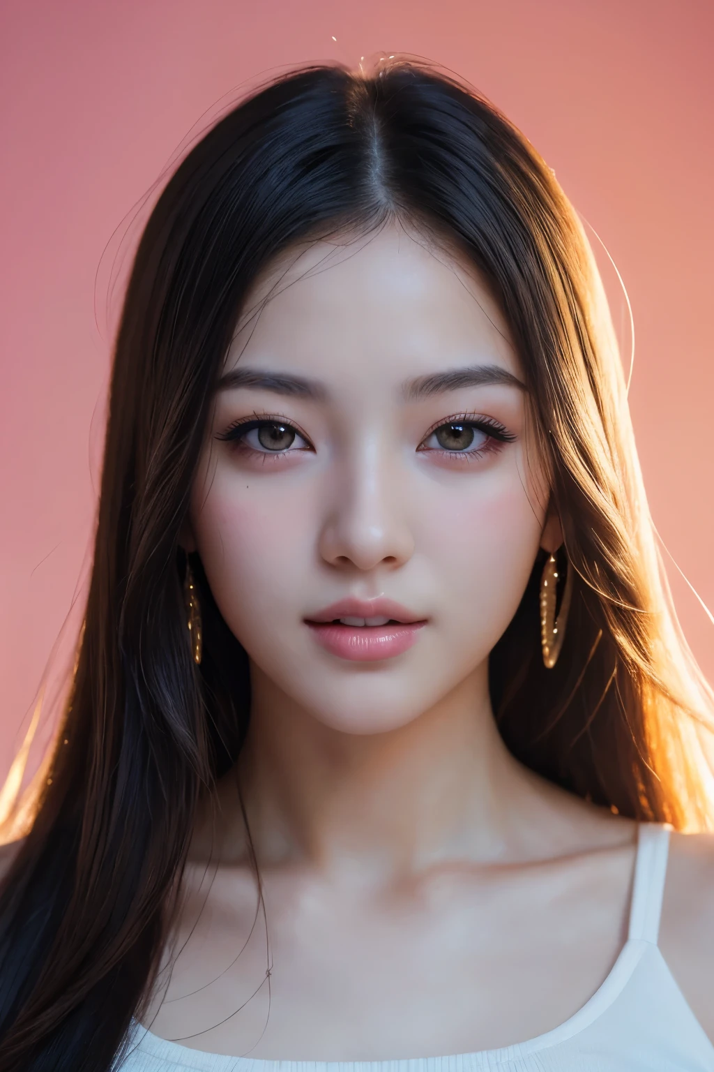 portrait of beautiful Korean girl 23 years old, long hair, big eyes, full and beautifully shaped lips, oval face, glowing eyes, cinematic lighting, 4K, best quality, textured skin, super detail, masterpiece