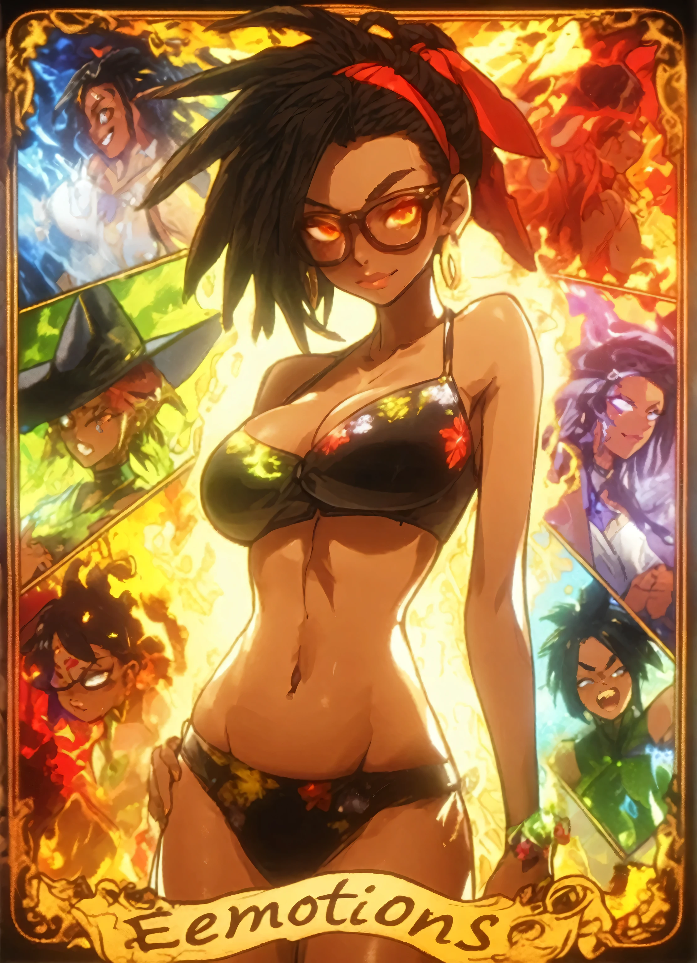 the "emotions" tarot card , tarot card showing multiple versions of Sassy. Sassy is beautiful african-caribbean, very darkskin black woman, defined muscle, bubble but, toned abs, shortie, wide hips, firm chest, voluptuous perfect oval physique, top-heavy, glasses, big hooded orange-gold heterochromia eyes, very long black braids, Nubian nose, heart-shaped face, dark chocolate complexion. she is shifting through a range of emotions starting from,happy, lovestruck, neutral, sad ,angry,sweet, and carnal atmosphere, a multicolored colorshit, shattered art, blacklight ,ultra high resolution, cinematic scene, Surrealist, semirealistic , highly-detailed, ,4k, hyper resolution cel-shaded, anime screencap, best quality, expressive eyes, perfect face, perfect anatomy, perfect physique, perfect hands, Cinematography, Dynamic scene, dynamic angle, dynamic perspective, dynamic scenery,pin-up , chaoscore, dynamic pose, dynamic shading , Raw sensuality, untamed carnality, dynamic line of action