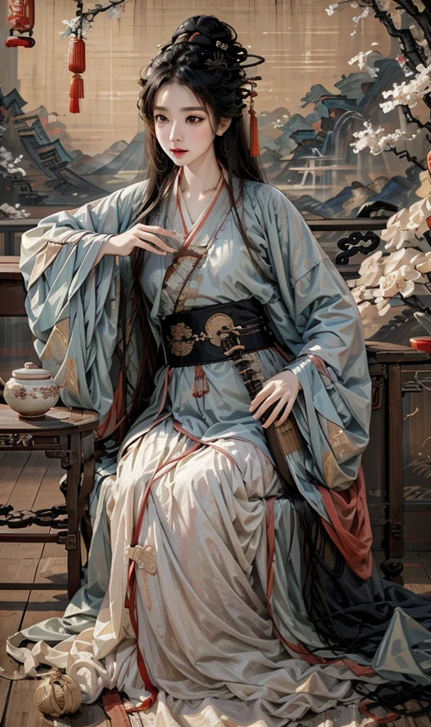 (masterpiece,best quality,realistic),
hanfu,chinese_clothes,long_sleeves,1girl,solo,black_hair,hair_ornament,chinese painting mural,sitting,low wooden table,ancient china,pipa,playing pipa,pipa \(instrument\),
lute 