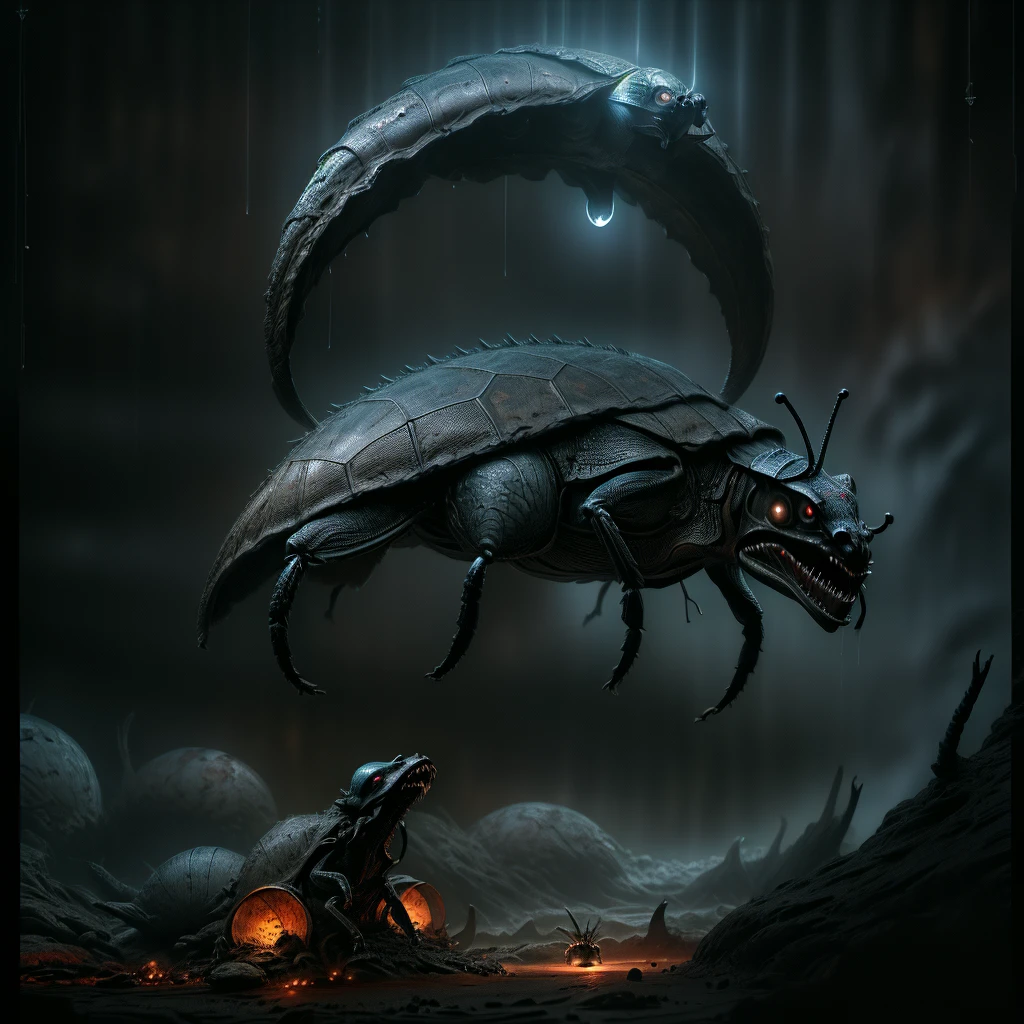 huge prehistoric insects, hyper-realistic and highly detailed, covered with luminescent armor, insects in motion, captured motion, insects fight with each other, colorful fluorescent armor, atmosphere of horror, with full moon, evenly distributed glowing lights, (best quality, 4k, 8k, highres, masterpiece:1.2), ultra-detailed, (realistic, photorealistic, photo-realistic:1.37), fantasy, concept art, dramatic lighting, glowing, atmospheric, mysterious, cinematic, intricate details, armored snails, disgusting mouths