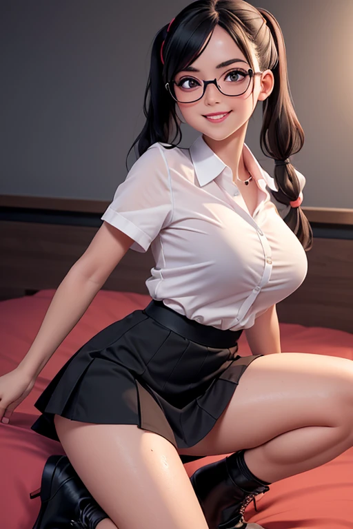 young girl perspiration, thin waist, round breasts, very large buttocks, very short mini skirt, school dress, wearing black garters, tight short shirt (very wet), crouched showing her tail, sexy, hot, black hair with two long pigtails, perfect face with glasses (smile, blush), mouth painted red (very full lips), unbuttoned shirt, breasts splashed with a lot of milk, torn clothes, full HD (4k), red sweet bedroom. Sentada sobre un hombre musculoso 