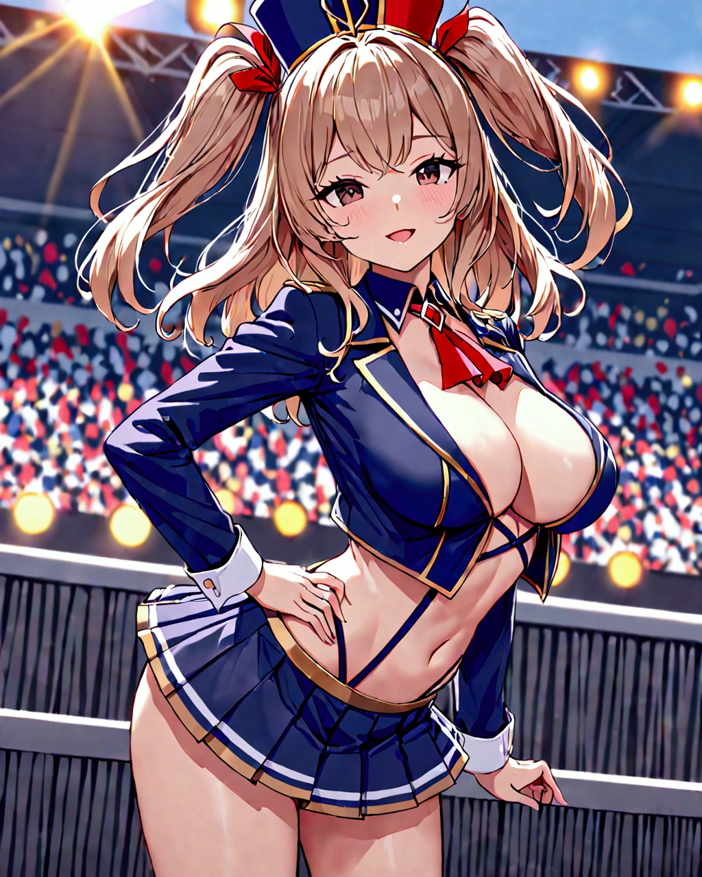 (best quality), (beautiful), (masterpiece), petite, 1girl, upper body above the knees, (seductive exposed marching band costume, navy blue spencer jacket, pleated miniskirt:1.2), light smile, open mouth, light brown hair, medium hair, wave hair, two side up with ribbon, dark brown eyes, large breasts, looking at viewer, confident pose, outdoor stage, from side or front