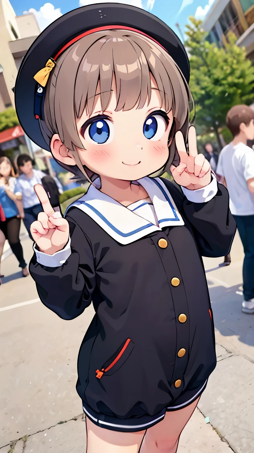 Best Quality，Young ，１people，A shy smile，Fisheye Lens，shy，、Very cute，baby face，very short 、Flat chest，Sailor suit， shopping street，In the crowd，Cunning gestures，