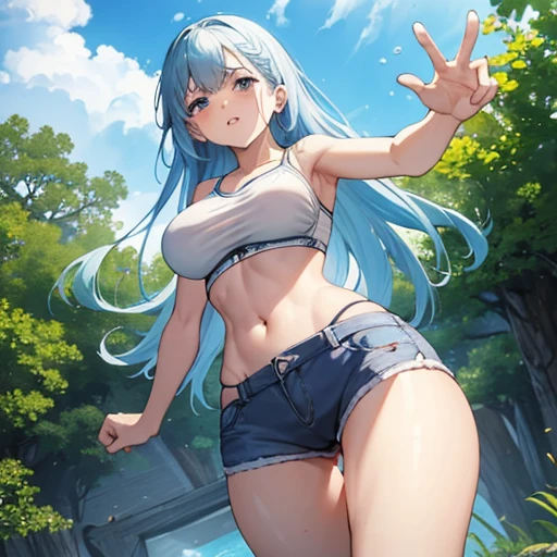 1 girl，Blushing，disguted face, crouching, (((female giant)))，Giantess art, Giantess, The girl is 50 meters tall，((Full body shot)), ((Cite anime girl)), ((One piece swimsui)), ((Tight swimsuit)), ((cameltoe)), 1 anime girl, ((Brown bangs)), standing in the middle of a modern miniature city, towering over buildings，(((Leaning forward))), ((looking to viewer)), ((front footage)), ((small breasts)), ((perfect legs)), ((thick thighs)), bending over modern miniature city，in the middle of a tiny miniature city, a girl taller than buildings, leaning over buildings, ((tiny people under her))