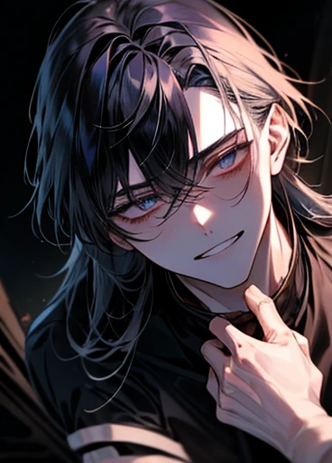 Private Server、{room}、dark、dark、{craziness}、 good-looking guy with empty eyes、Long Bangs、Unshaven、{Yandere}、Twisted Smile、{male}、High image quality、{anger}、Empty face、A firm eye、Above the upper body、