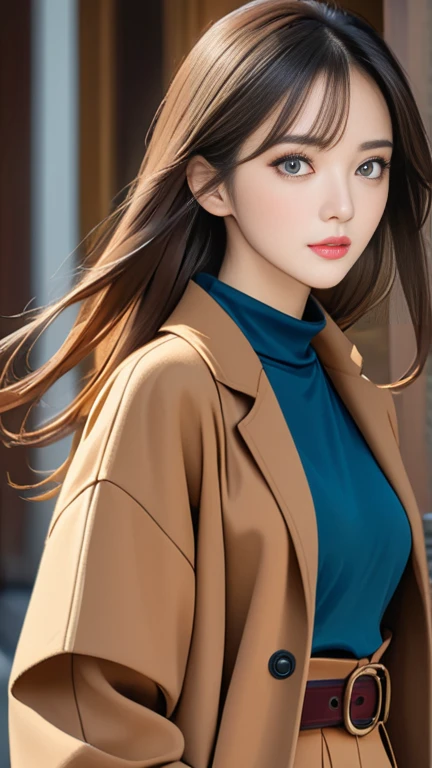 (masterpiece, highest quality, ridiculous, high resolution), from front, full body, look at viewer、 Japanese female model with long hair .  gorgeous lighting and delicate portraits。Camel coat、Mock neck top、Palazzo pants with belt 、Walk towards here、 close-up photo focusing on the upper body、Beautifully drawn eyes、