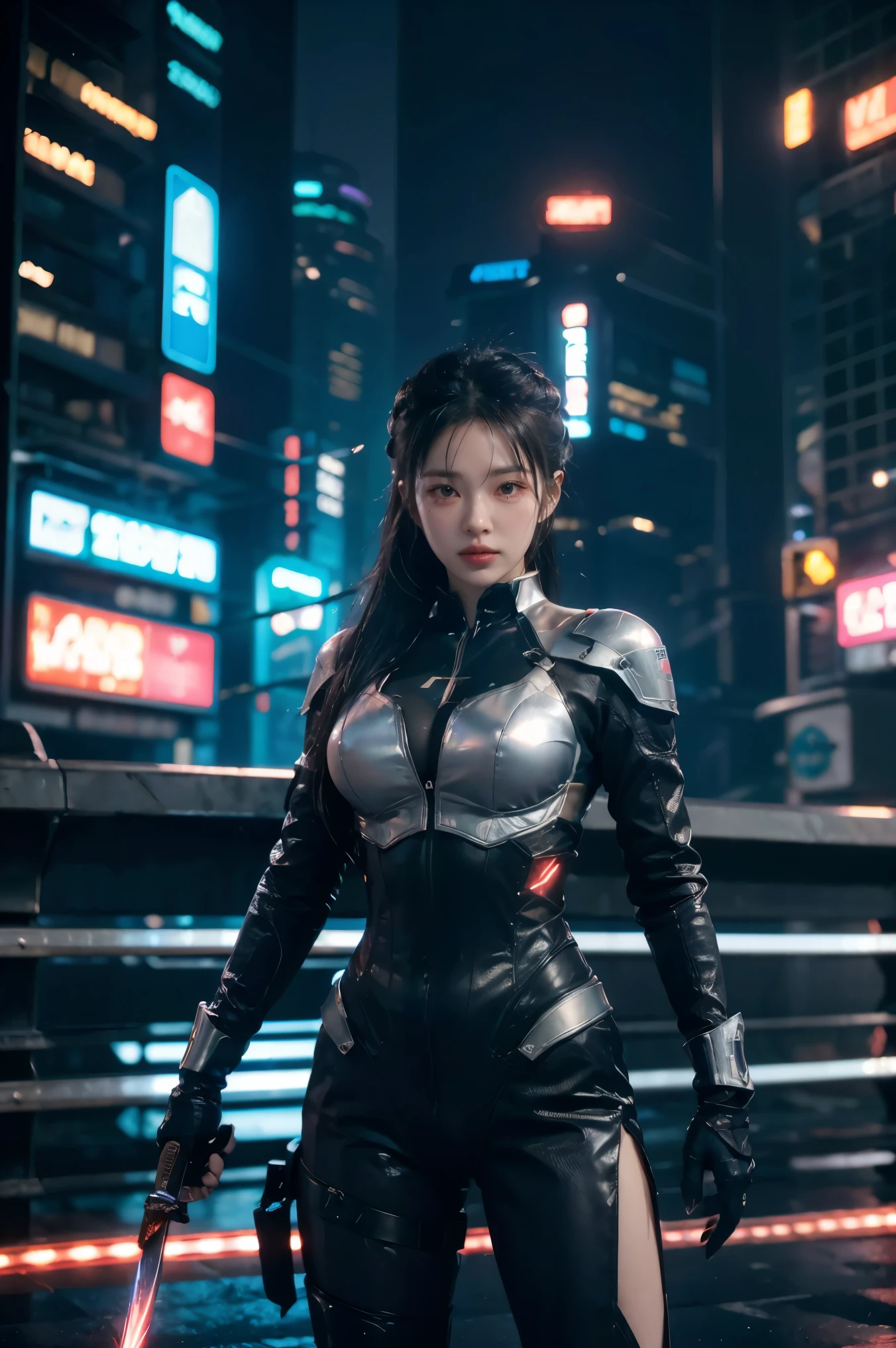 A stunning 3D anime render of a beautiful, powerful fighter dressed in a form-fitting combat suit. Her sleek suit is adorned with silver accents, and she wields a katana with an electric shock ability. The electric currents along the blade are clearly visible, adding to the weapon's otherworldly aura. The background showcases a futuristic, cyberpunk cityscape with neon lights and towering structures. The overall mood of the scene is intense and action-packed, reflecting the fighter's readiness to face any adversary., anime, 3d render