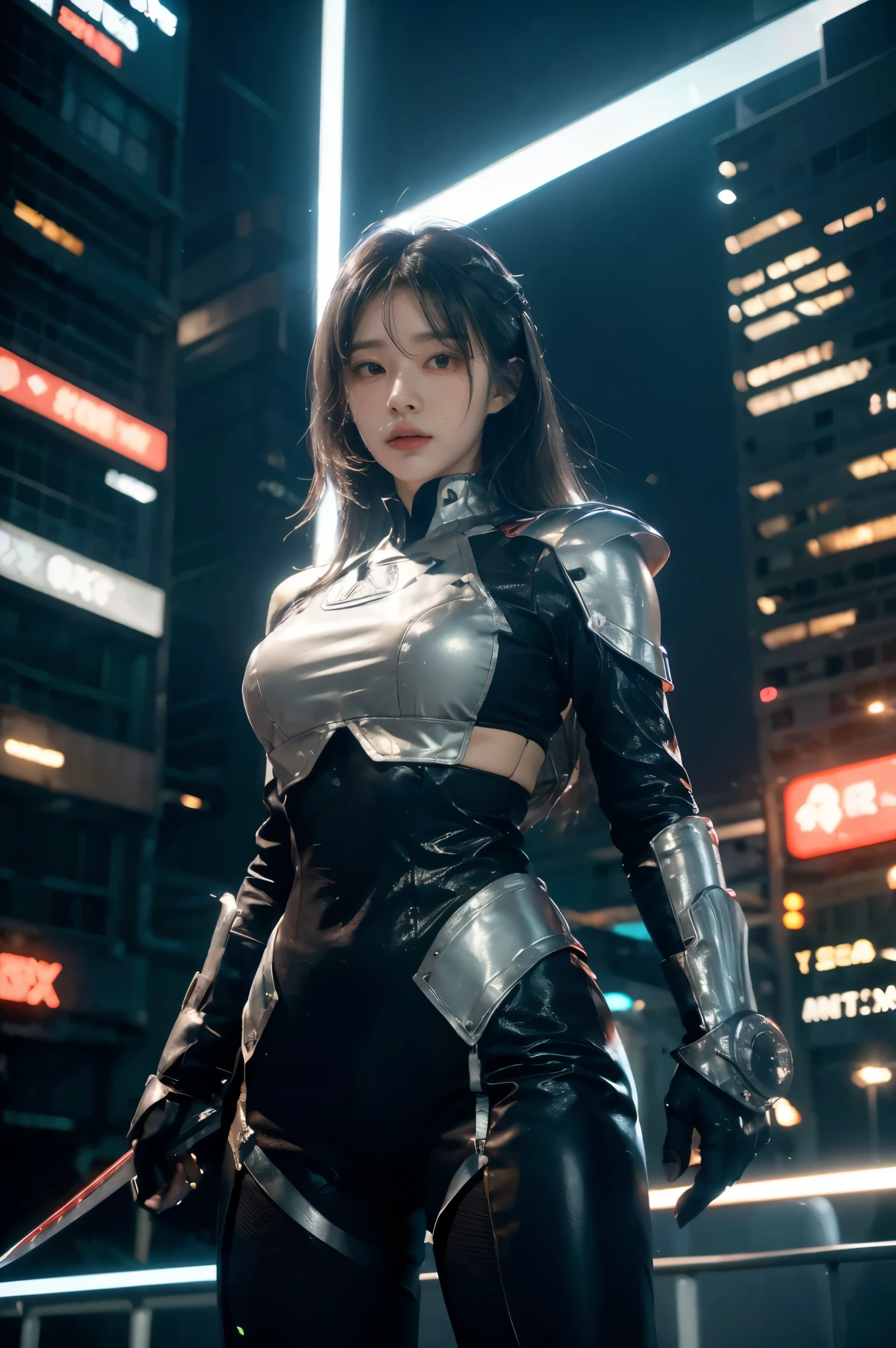 A stunning 3D anime render of a beautiful, powerful fighter dressed in a form-fitting combat suit. Her sleek suit is adorned with silver accents, and she wields a katana with an electric shock ability. The electric currents along the blade are clearly visible, adding to the weapon's otherworldly aura. The background showcases a futuristic, cyberpunk cityscape with neon lights and towering structures. The overall mood of the scene is intense and action-packed, reflecting the fighter's readiness to face any adversary., anime, 3d render