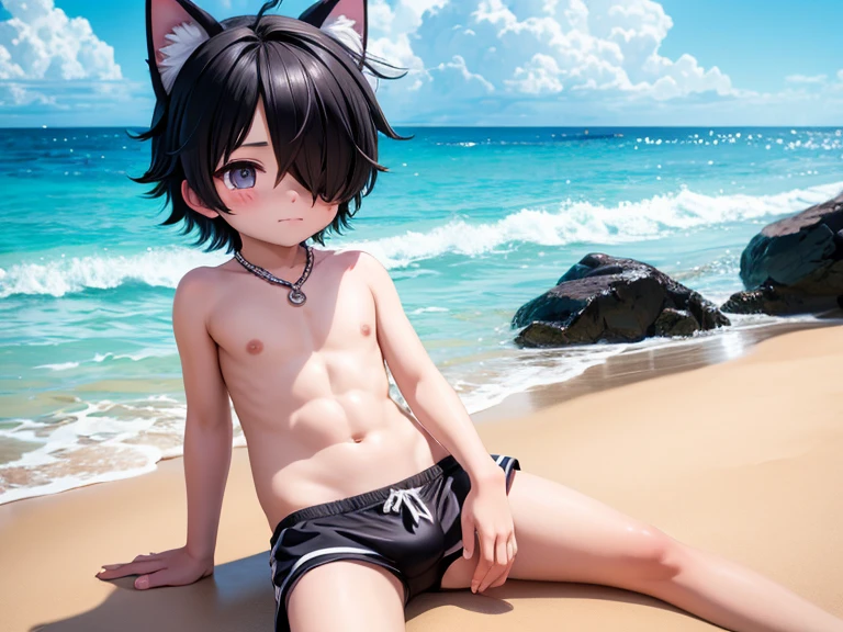 Cute shota boy furry dog ​​hair covering one eye swimming trunks beach background 