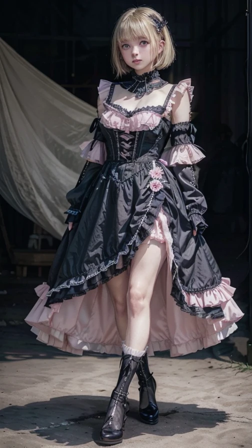 (nsfw), sexy stylish Swedish model, only 1 female, ((doll-like appearance)), short neon pink stylish hair, ((shiny Victorian-Style boots)), (big smile), ultra detailed eyes, vivid eye makeup, lip-gloss, long lashes, defined eyebrows, ((sexy Paradise Kiss cosplay)), bell-shaped skirt, petticoats, high neckline, puffed sleeves, ((ultra detailed lace)), ((ultra detailed embroidery)), intricate details, Paradise Kiss accessoires and matching headpiece, choker, ((large sparkling Paradise Kiss jewelry)), cinematic light, detailed large park background with trees