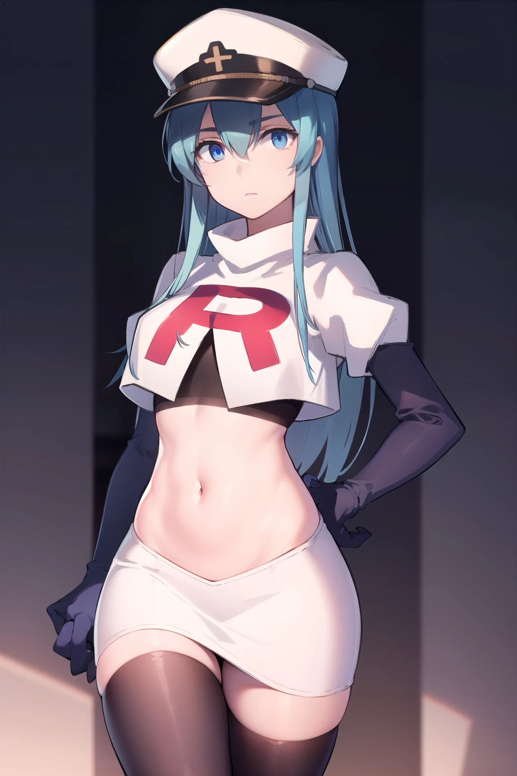 esdeath, esdeath, blue eyes, blue hair, long hair,
BREAK hat, ice, peaked cap, team rocket,team rocket uniform,white skirt,red letter R,crop top,black thigh-highs,black elbow gloves,
BREAK looking at viewer, cowboy shot,
BREAK (masterpiece:1.2), best quality, high resolution, unity 8k wallpaper, (illustration:0.8), (beautiful detailed eyes:1.6), extremely detailed face, perfect lighting, extremely detailed CG, (perfect hands, perfect anatomy),