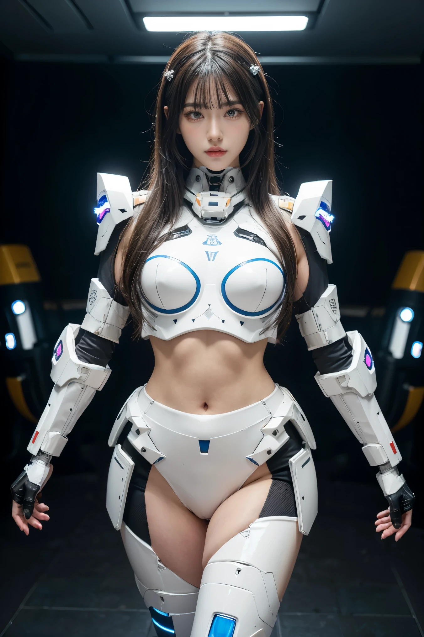 a woman in a futuristic suit with a sword,full-size photograph,Long legs, Slightly chubby,navel,Transparent skin,Perfect body shape,art feminine, Macro distance,mechanized valkyrie girl, ferra white mecha, girl in mecha cyber armor, female mecha, extremely detailed artgerm, echo from overwatch, Clear facial features,gorgeous female paladin,Advanced Rendering,depth of field