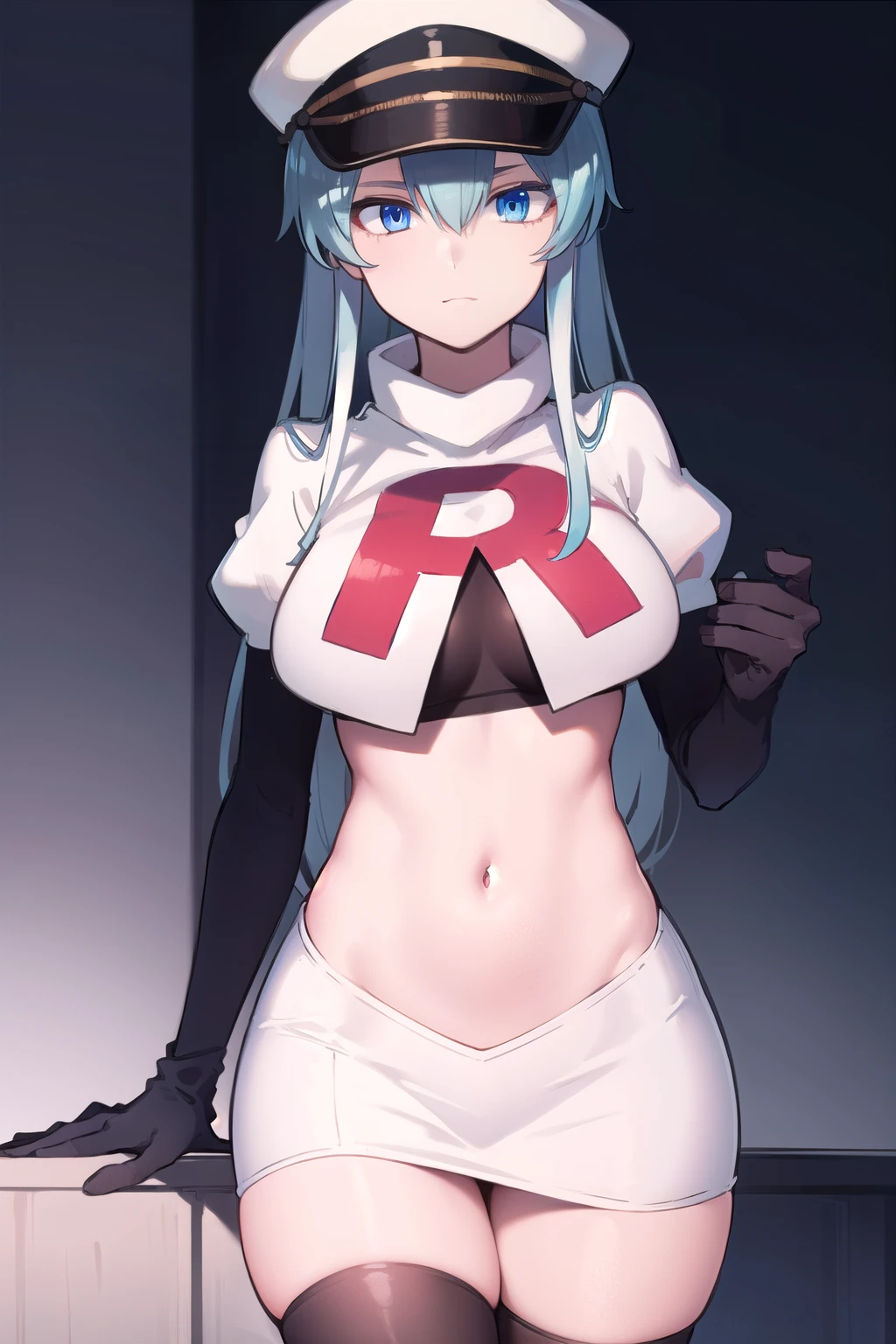 esdeath, esdeath, blue eyes, blue hair, long hair,
BREAK hat, ice, peaked cap, team rocket,team rocket uniform,white skirt,red letter R,crop top,black thigh-highs,black elbow gloves,
BREAK looking at viewer, cowboy shot,
BREAK (masterpiece:1.2), best quality, high resolution, unity 8k wallpaper, (illustration:0.8), (beautiful detailed eyes:1.6), extremely detailed face, perfect lighting, extremely detailed CG, (perfect hands, perfect anatomy),