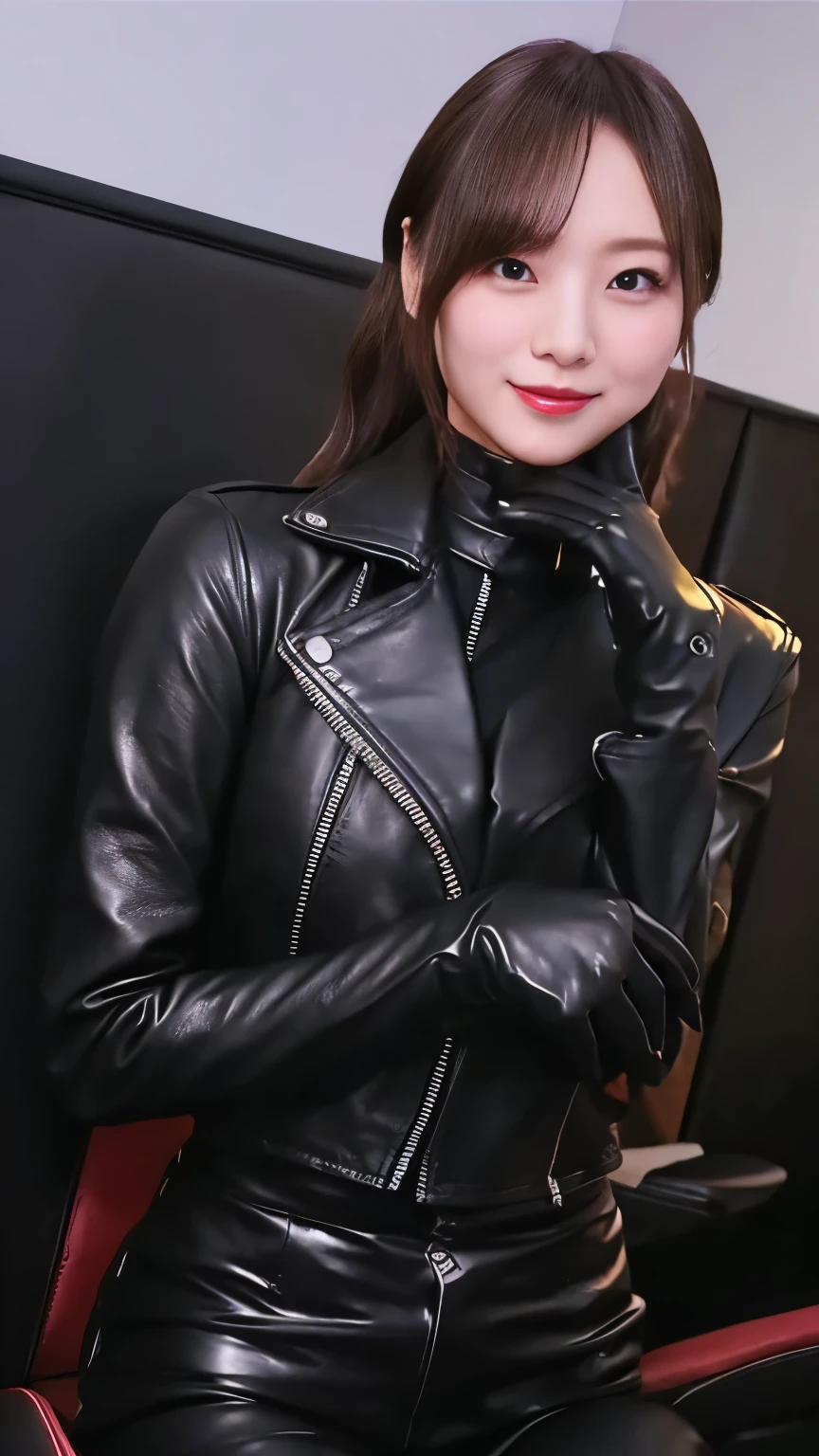 black leather rider jacket, Office in the Dark, Black leather gloved fingertips on both hands,Wearing black leather gloves,Sitting in a black leather chair、 Japanese female new recruits (Black leather gloves cover both hands) (The angle is horizontal)、Black Leather Pants,Black Leather Black Leather Pants,Black Leather Skinny Pants、very tight fit. Long black leather boots on both feet、Black hair ponytail ((He wears black leather gloves on his hands))Full Body Photo,full body shot full body full body leather suit,☺Leather pants tucked into long boots、Full body shot from head to toe、very tight fit. If you turn in this direction。Wearing black leather gloves,Wearing black leather gloves,Wearing black leather gloves,Wearing black leather gloves,Wearing black leather gloves,Wearing black leather gloves,黒のレザーパンツが美しい😍黒のレザーパンツが美しい😍黒のレザーパンツが美しい,😍Smiling while looking at me,City lights、((Neon Cyberpunk City Street:1.3))、(Neon Light)、Detailed lighting、
Best image quality、Ultra-high resolution、(realism:1.4)、Korean Beauty Star、The most beautiful KPOP stars、face、Horny Korean Makeup、A body that makes you want to touch it、Realistic leather texture、Costume made of smooth leather fabric、The drape of the curved parts of the leather fabric、The costume is very shiny、Quality of the costume、8K photo