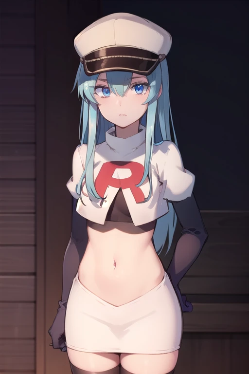 esdeath, esdeath, blue eyes, blue hair, long hair,
BREAK hat, ice, peaked cap, team rocket,team rocket uniform,white skirt,red letter R,crop top,black thigh-highs,black elbow gloves,
BREAK looking at viewer, cowboy shot,
BREAK (masterpiece:1.2), best quality, high resolution, unity 8k wallpaper, (illustration:0.8), (beautiful detailed eyes:1.6), extremely detailed face, perfect lighting, extremely detailed CG, (perfect hands, perfect anatomy),