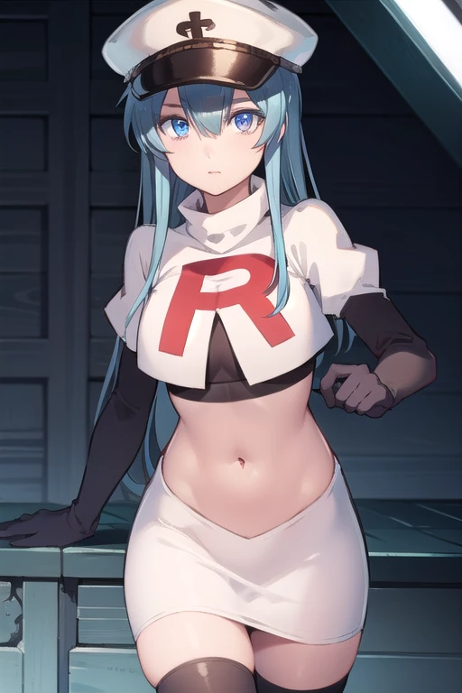 esdeath, esdeath, blue eyes, blue hair, long hair,
BREAK hat, ice, peaked cap, team rocket,team rocket uniform,white skirt,red letter R,crop top,black thigh-highs,black elbow gloves,
BREAK looking at viewer, cowboy shot,
BREAK (masterpiece:1.2), best quality, high resolution, unity 8k wallpaper, (illustration:0.8), (beautiful detailed eyes:1.6), extremely detailed face, perfect lighting, extremely detailed CG, (perfect hands, perfect anatomy),