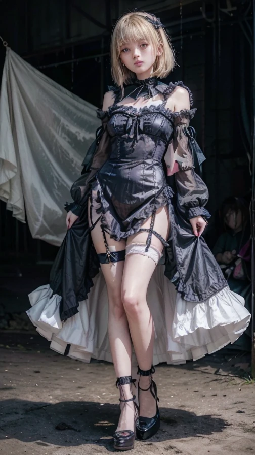 arafed woman with bustier gigantic breast in a corset and dress in front of a building, wearing an ornate outfit, ornate dress, intricate dress, elegant corset, ornate and elegant, extravagant dress, inspired by Hedi Xandt, ornate attire, intricate outfit, ornate royal gown, ornate clothing, ornate gown, intricate and elegant, intricate detailed dress, ornate , royal dress,  masterpiece, best quality:1.2),,(8k,highres,RAW photo,realistic,photo-realistic:1.3),(detailed skin texture,detailed cloth texture,beautiful detailed face:1.25),professional lighting,photon mapping,beautiful soft light,radiosity,physically-based rendering,raytracing, model shoot style, model shoot style, (extremely detailed CG unity 8k wallpaper), full shot body photo of the most beautiful artwork in the world,