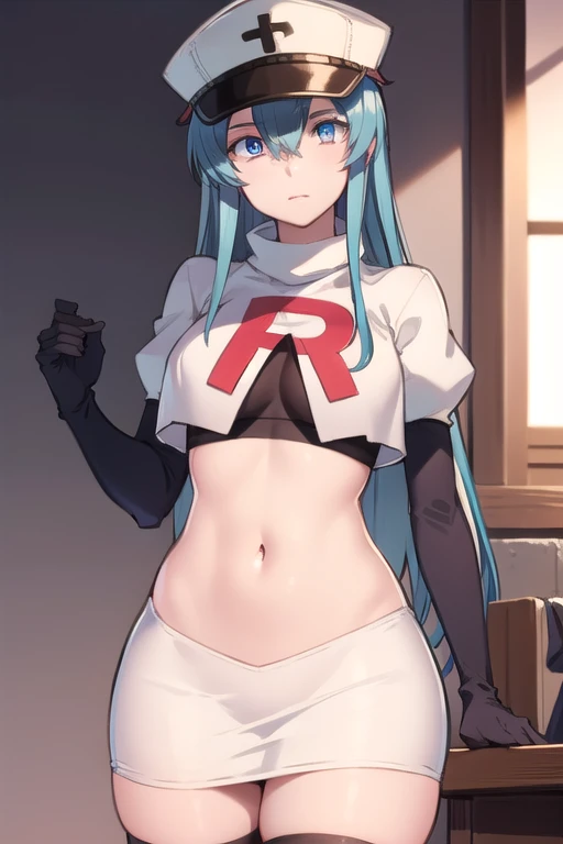 esdeath, esdeath, blue eyes, blue hair, long hair,
BREAK hat, ice, peaked cap, team rocket,team rocket uniform,white skirt,red letter R,crop top,black thigh-highs,black elbow gloves,
BREAK looking at viewer, cowboy shot,
BREAK (masterpiece:1.2), best quality, high resolution, unity 8k wallpaper, (illustration:0.8), (beautiful detailed eyes:1.6), extremely detailed face, perfect lighting, extremely detailed CG, (perfect hands, perfect anatomy),