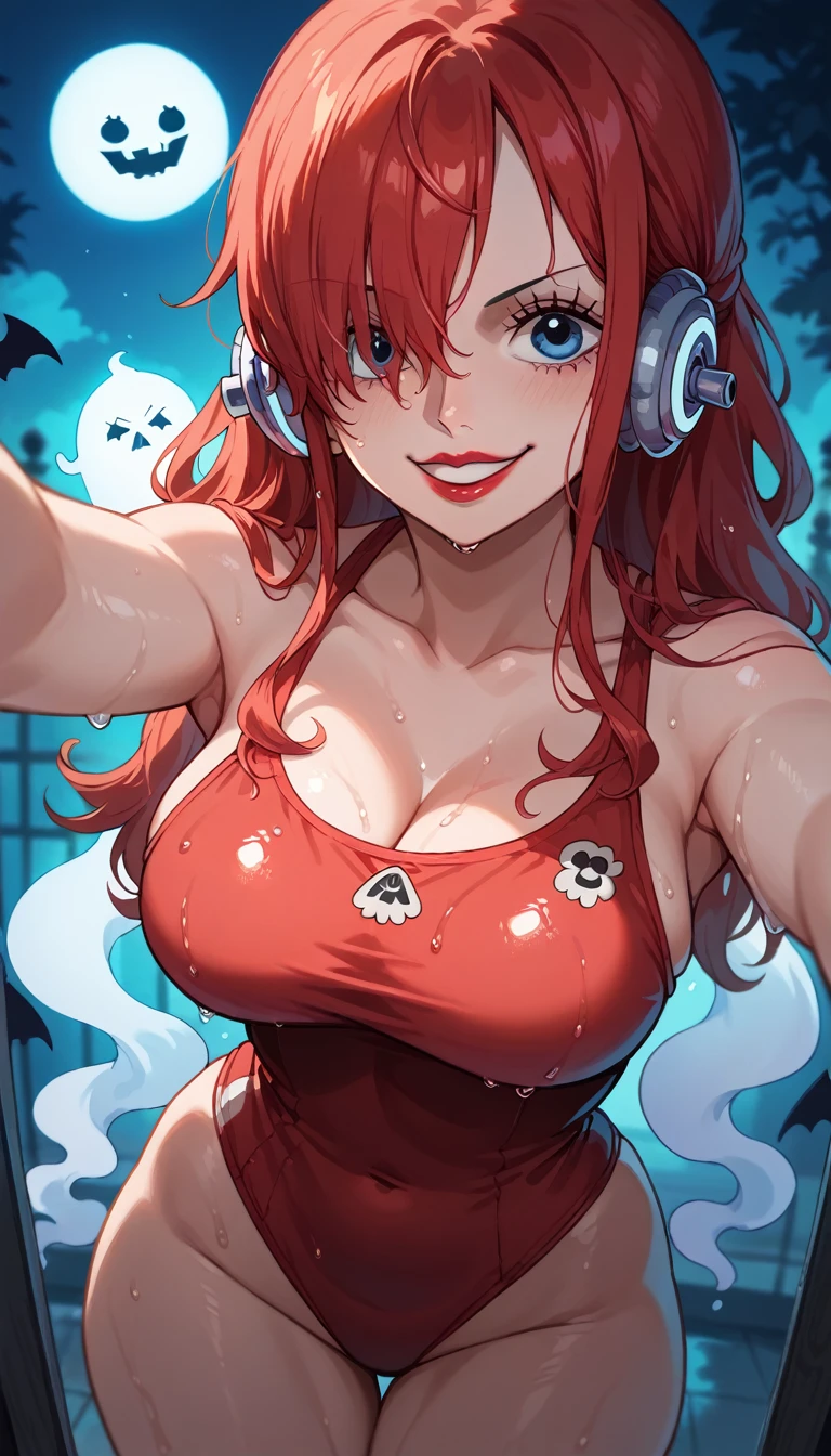 Perfect Selfie , us (one piece), red swimsuit, long red hair,hair covers one eye,blue eyes, smile,,windy,thick thighs,large breasts,vibrant colors,Ghost ship background ,wet, lipstick and lip gloss , cinematic highlight,clima Halloween,