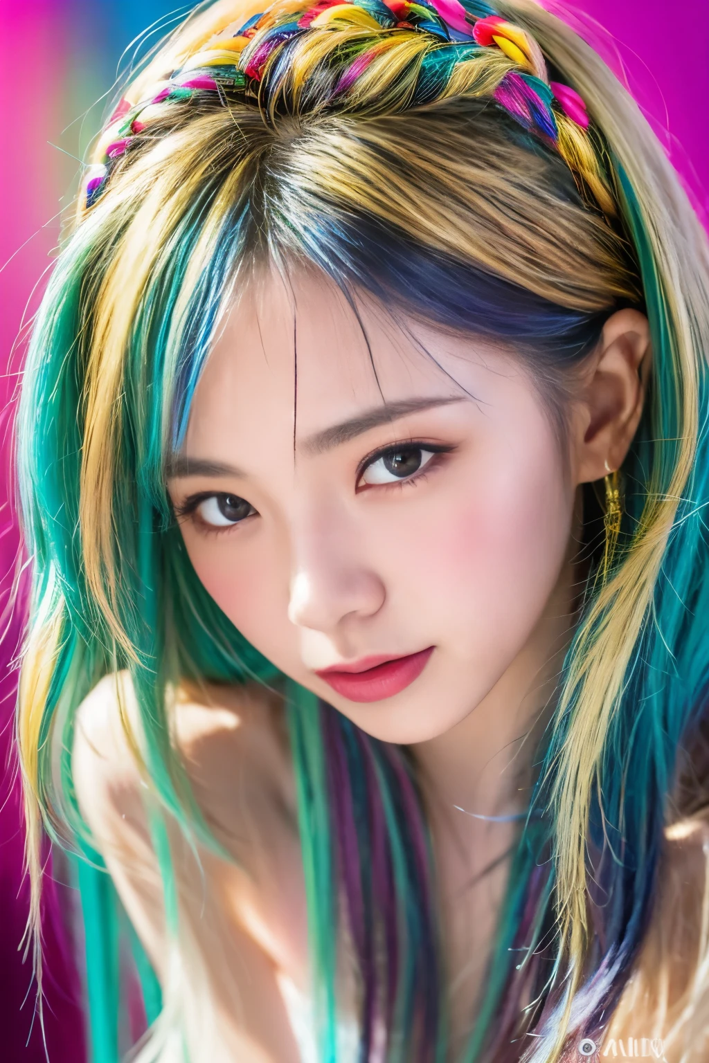 ((Best Quality, 8k, masterpiece:1.31 Girl, beautiful girl)), High resolution, cute, dynamism, Detailed face, Detailed skin, fine grain, Detailed lips, Realistic, RAW Photos, Natural Light, Perfect Anatomy, Dynamic pose, Toned Legs, Double eyelids, Tear bags, Round eyes, Moist lips, (Colorful body, Colorful liquid on a naked body:1.2), Colorful Hair, Rainbow Hair, Colorful background, Japanese Girls, Cowboy Shot, Sweaty, smile, Liquid Art, Half-closed eyes, , software, Spread your legs, sfw