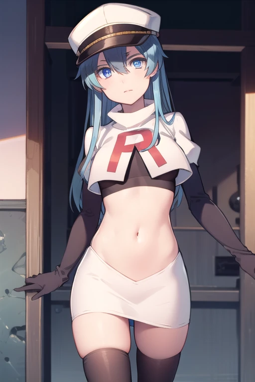 esdeath, esdeath, blue eyes, blue hair, long hair,
BREAK hat, ice, peaked cap, team rocket,team rocket uniform,white skirt,red letter R,crop top,black thigh-highs,black elbow gloves,
BREAK looking at viewer, cowboy shot,
BREAK (masterpiece:1.2), best quality, high resolution, unity 8k wallpaper, (illustration:0.8), (beautiful detailed eyes:1.6), extremely detailed face, perfect lighting, extremely detailed CG, (perfect hands, perfect anatomy),