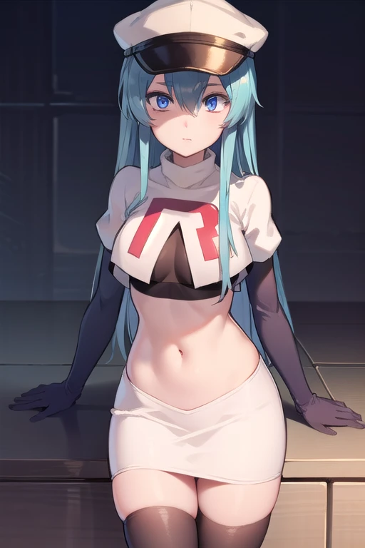 esdeath, esdeath, blue eyes, blue hair, long hair,
BREAK hat, ice, peaked cap, team rocket,team rocket uniform,white skirt,red letter R,crop top,black thigh-highs,black elbow gloves,
BREAK looking at viewer, cowboy shot,
BREAK (masterpiece:1.2), best quality, high resolution, unity 8k wallpaper, (illustration:0.8), (beautiful detailed eyes:1.6), extremely detailed face, perfect lighting, extremely detailed CG, (perfect hands, perfect anatomy),