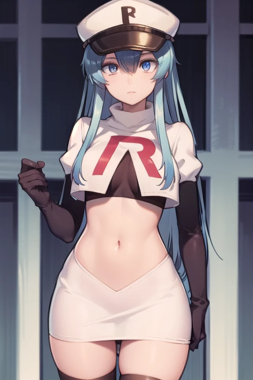 esdeath, esdeath, blue eyes, blue hair, long hair,
BREAK hat, ice, peaked cap, team rocket,team rocket uniform,white skirt,red letter R,crop top,black thigh-highs,black elbow gloves,
BREAK looking at viewer, cowboy shot,
BREAK (masterpiece:1.2), best quality, high resolution, unity 8k wallpaper, (illustration:0.8), (beautiful detailed eyes:1.6), extremely detailed face, perfect lighting, extremely detailed CG, (perfect hands, perfect anatomy),