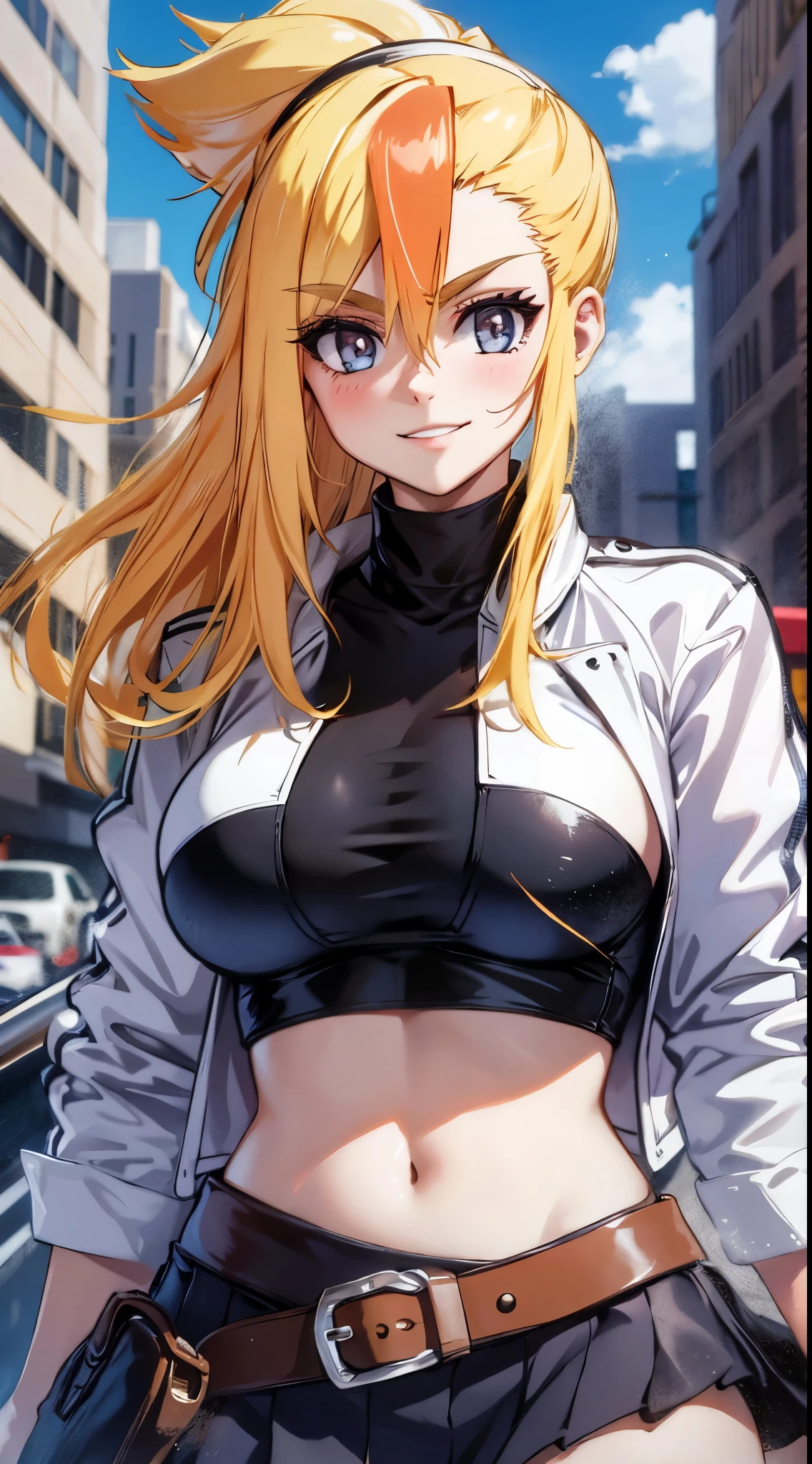 masterpiece, best quality, highres, blonde hair, long hair, large breasts, jacket, crop top, bare shoulder, show stomach, belt, pleated skirt, cowboy shot, standing, looking at viewer, city road, outdoor, modern city road, blush, shy, smile, show teeth, stocking,