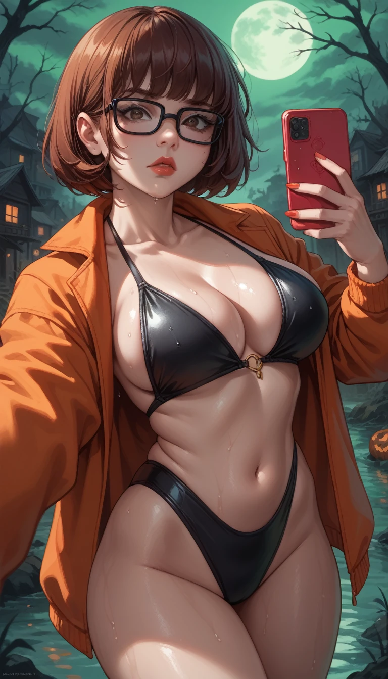 Perfect Selfie , Velma, black swimsuit,black swimsuit,((glasses)),brown eyes, windy,thick thighs,large breasts,vibrant colors,Gloomy swamp background,take the key,wet, lipstick and lip gloss , cinematic highlight,clima Halloween, serious expression