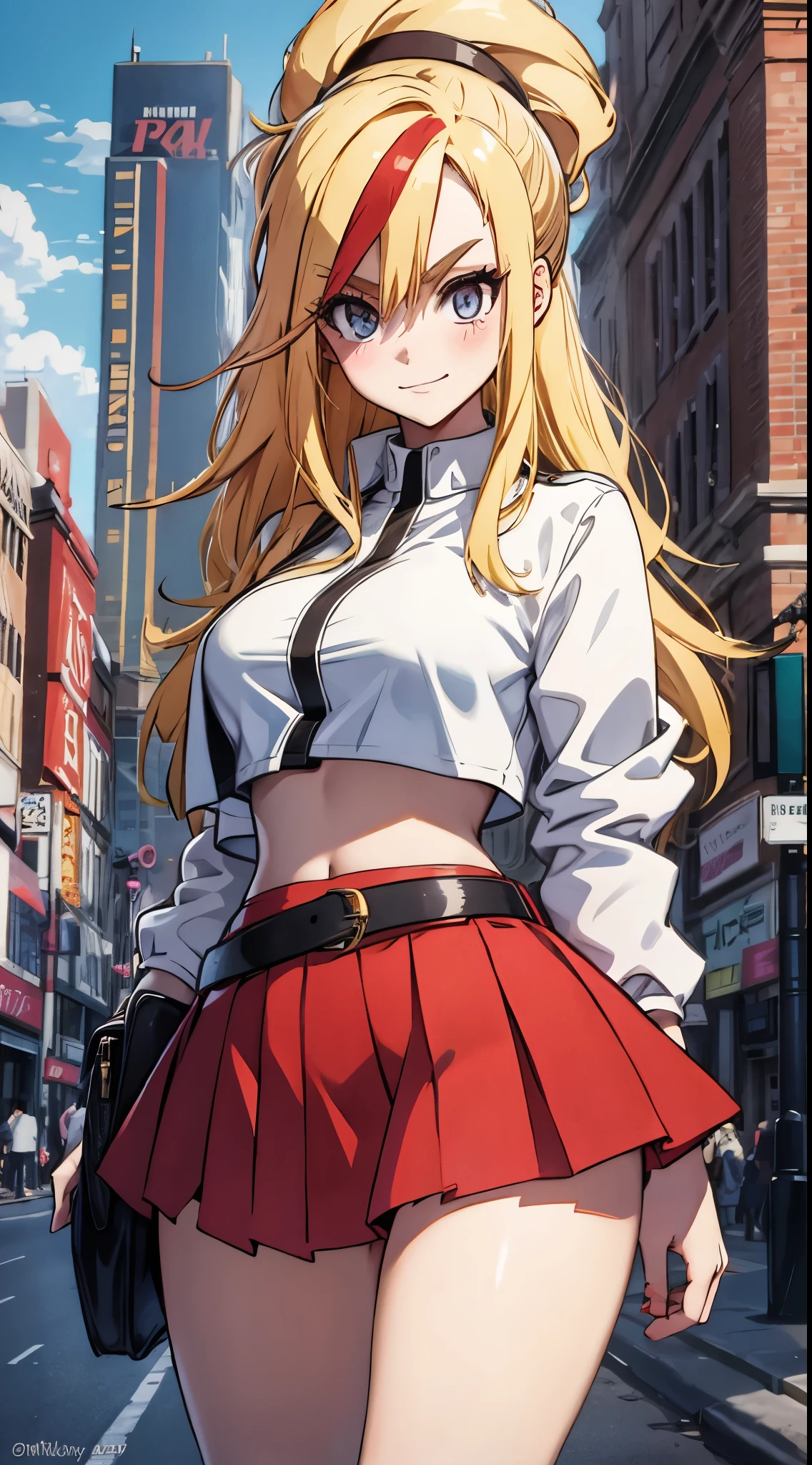 masterpiece, best quality, highres, blonde hair,Hair with lots of red highlights, long hair, large breasts, jacket, crop top, bare shoulder, show stomach, belt, pleated skirt, cowboy shot, standing, looking at viewer, city road, outdoor, modern city road, blush, shy, smile, show teeth, stocking,