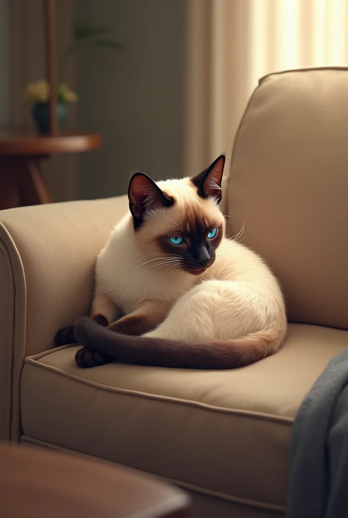 Color: This cat is white.
Hair: The hair is long-haired, very soft, mostly cotton-like and very cute.
Eyes: He has big eyes, possibly blue.
Ears: The ears are medium in size, slightly rounded and tilted forward.
Personality: This cat is friendly, docile, and likes to cuddle with people, making people feel warm and comfortable. Background squatting on couch and drinking a coffee