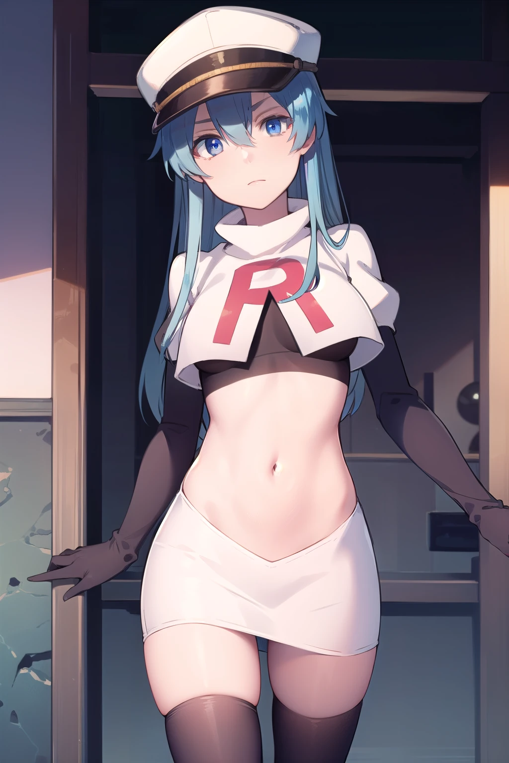 esdeath, esdeath, blue eyes, blue hair, long hair,
BREAK hat, ice, peaked cap, team rocket,team rocket uniform,white skirt,red letter R,crop top,black thigh-highs,black elbow gloves,
BREAK looking at viewer, cowboy shot,
BREAK (masterpiece:1.2), best quality, high resolution, unity 8k wallpaper, (illustration:0.8), (beautiful detailed eyes:1.6), extremely detailed face, perfect lighting, extremely detailed CG, (perfect hands, perfect anatomy),