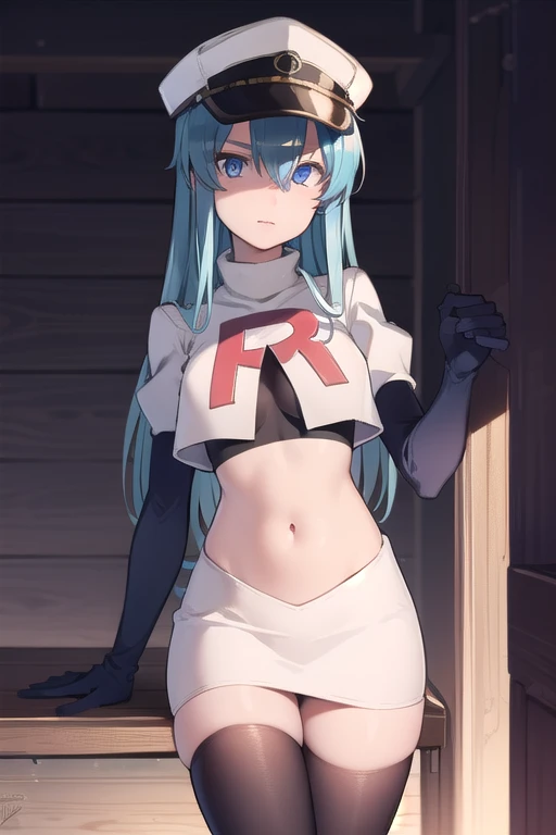 esdeath, esdeath, blue eyes, blue hair, long hair,
BREAK hat, ice, peaked cap, team rocket,team rocket uniform,white skirt,red letter R,crop top,black thigh-highs,black elbow gloves,
BREAK looking at viewer, cowboy shot,
BREAK (masterpiece:1.2), best quality, high resolution, unity 8k wallpaper, (illustration:0.8), (beautiful detailed eyes:1.6), extremely detailed face, perfect lighting, extremely detailed CG, (perfect hands, perfect anatomy),