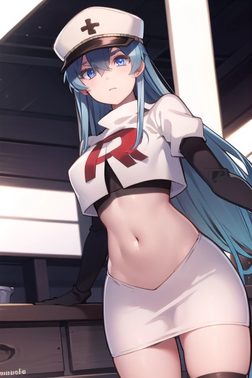 esdeath, esdeath, blue eyes, blue hair, long hair,
BREAK hat, ice, peaked cap, team rocket,team rocket uniform,white skirt,red letter R,crop top,black thigh-highs,black elbow gloves,
BREAK looking at viewer, cowboy shot,
BREAK (masterpiece:1.2), best quality, high resolution, unity 8k wallpaper, (illustration:0.8), (beautiful detailed eyes:1.6), extremely detailed face, perfect lighting, extremely detailed CG, (perfect hands, perfect anatomy),