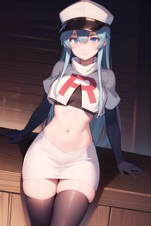 esdeath, esdeath, blue eyes, blue hair, long hair,
BREAK hat, ice, peaked cap, team rocket,team rocket uniform,white skirt,red letter R,crop top,black thigh-highs,black elbow gloves,
BREAK looking at viewer, cowboy shot,
BREAK (masterpiece:1.2), best quality, high resolution, unity 8k wallpaper, (illustration:0.8), (beautiful detailed eyes:1.6), extremely detailed face, perfect lighting, extremely detailed CG, (perfect hands, perfect anatomy),