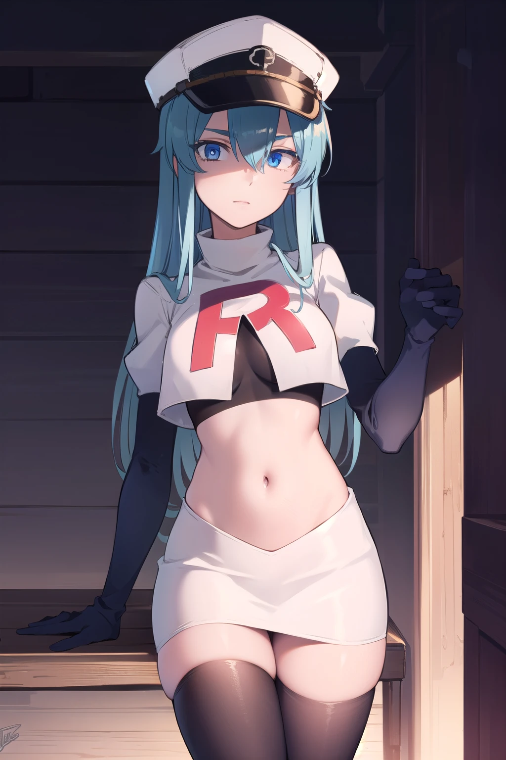 esdeath, esdeath, blue eyes, blue hair, long hair,
BREAK hat, ice, peaked cap, team rocket,team rocket uniform,white skirt,red letter R,crop top,black thigh-highs,black elbow gloves,
BREAK looking at viewer, cowboy shot,
BREAK (masterpiece:1.2), best quality, high resolution, unity 8k wallpaper, (illustration:0.8), (beautiful detailed eyes:1.6), extremely detailed face, perfect lighting, extremely detailed CG, (perfect hands, perfect anatomy),