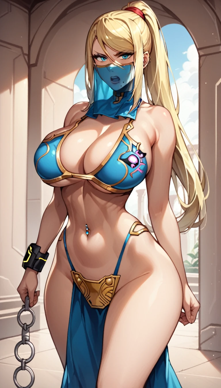 score_9, score_8_up, score_7_up, source_anime, best quality, solo, clear face, huge breasts, perfect body, looking at viewer, slave, blue slave bikini, palace, standing, dynamic angle, blue high leg thong, from behind, big ass, wide hips, blue navel piercing, (((blue pelvic curtain))), blue mouth veil, samus aran, blonde hair, angry, 