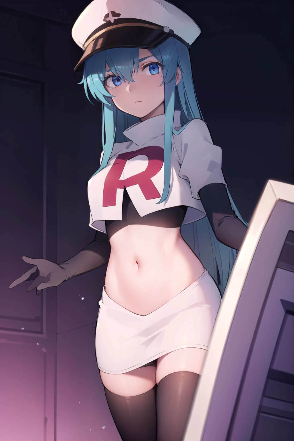 esdeath, esdeath, blue eyes, blue hair, long hair,
BREAK hat, ice, peaked cap, team rocket,team rocket uniform,white skirt,red letter R,crop top,black thigh-highs,black elbow gloves,
BREAK looking at viewer, cowboy shot,
BREAK (masterpiece:1.2), best quality, high resolution, unity 8k wallpaper, (illustration:0.8), (beautiful detailed eyes:1.6), extremely detailed face, perfect lighting, extremely detailed CG, (perfect hands, perfect anatomy),