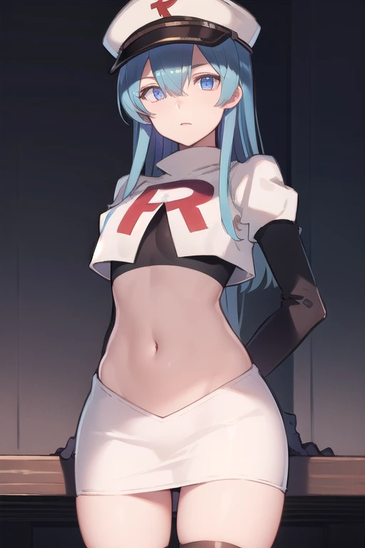 esdeath, esdeath, blue eyes, blue hair, long hair,
BREAK hat, ice, peaked cap, team rocket,team rocket uniform,white skirt,red letter R,crop top,black thigh-highs,black elbow gloves,
BREAK looking at viewer, cowboy shot,
BREAK (masterpiece:1.2), best quality, high resolution, unity 8k wallpaper, (illustration:0.8), (beautiful detailed eyes:1.6), extremely detailed face, perfect lighting, extremely detailed CG, (perfect hands, perfect anatomy),