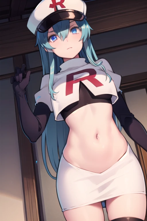 esdeath, esdeath, blue eyes, blue hair, long hair,
BREAK hat, ice, peaked cap, team rocket,team rocket uniform,white skirt,red letter R,crop top,black thigh-highs,black elbow gloves,
BREAK looking at viewer, cowboy shot,
BREAK (masterpiece:1.2), best quality, high resolution, unity 8k wallpaper, (illustration:0.8), (beautiful detailed eyes:1.6), extremely detailed face, perfect lighting, extremely detailed CG, (perfect hands, perfect anatomy),