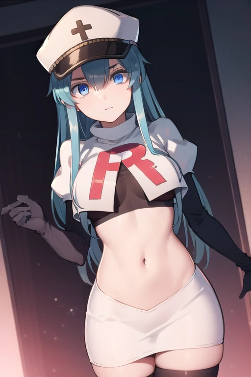 esdeath, esdeath, blue eyes, blue hair, long hair,
BREAK hat, ice, peaked cap, team rocket,team rocket uniform,white skirt,red letter R,crop top,black thigh-highs,black elbow gloves,
BREAK looking at viewer, cowboy shot,
BREAK (masterpiece:1.2), best quality, high resolution, unity 8k wallpaper, (illustration:0.8), (beautiful detailed eyes:1.6), extremely detailed face, perfect lighting, extremely detailed CG, (perfect hands, perfect anatomy),