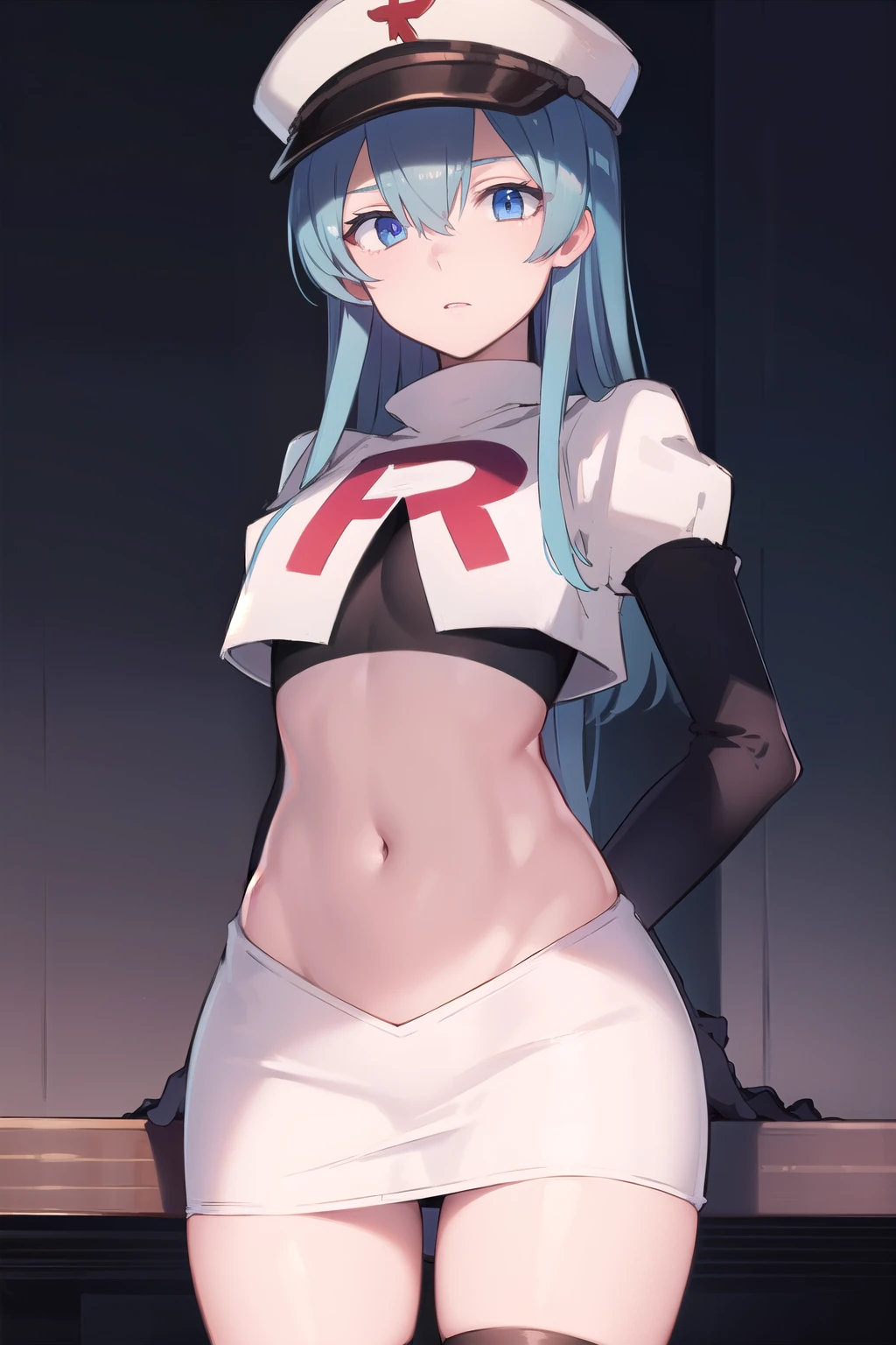 esdeath, esdeath, blue eyes, blue hair, long hair,
BREAK hat, ice, peaked cap, team rocket,team rocket uniform,white skirt,red letter R,crop top,black thigh-highs,black elbow gloves,
BREAK looking at viewer, cowboy shot,
BREAK (masterpiece:1.2), best quality, high resolution, unity 8k wallpaper, (illustration:0.8), (beautiful detailed eyes:1.6), extremely detailed face, perfect lighting, extremely detailed CG, (perfect hands, perfect anatomy),