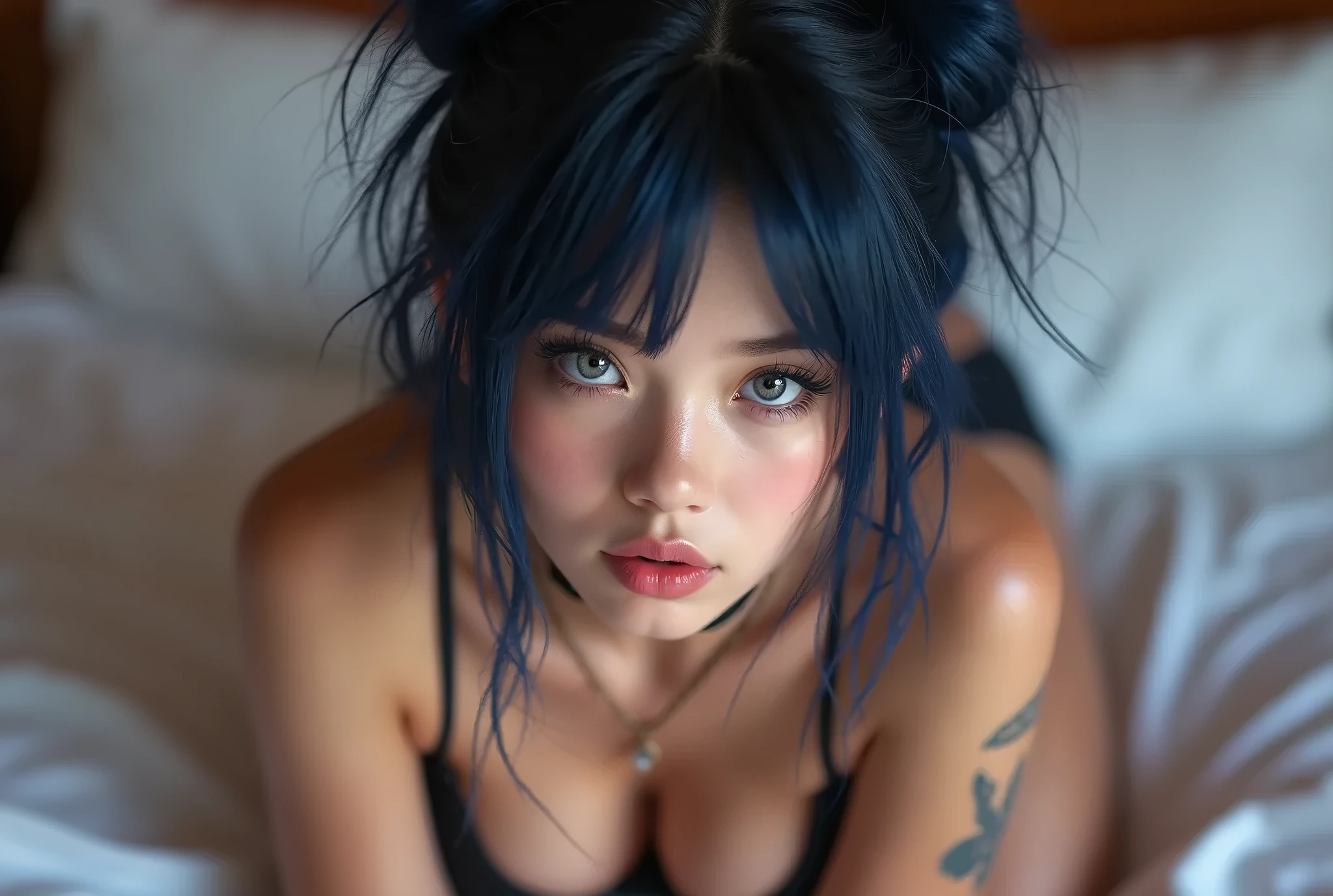 masterpiece, solo, highly detailed, ultra-detailed, ultra high res, (photorealistic:1.333), (best quality), (best shadow),detailed, perfect lighting, dark brown hair, very long hair, braids, [face freckles], (blue eyes), choker, smokey make up,  portrait, lying on the bed, (small breasts:1.3)