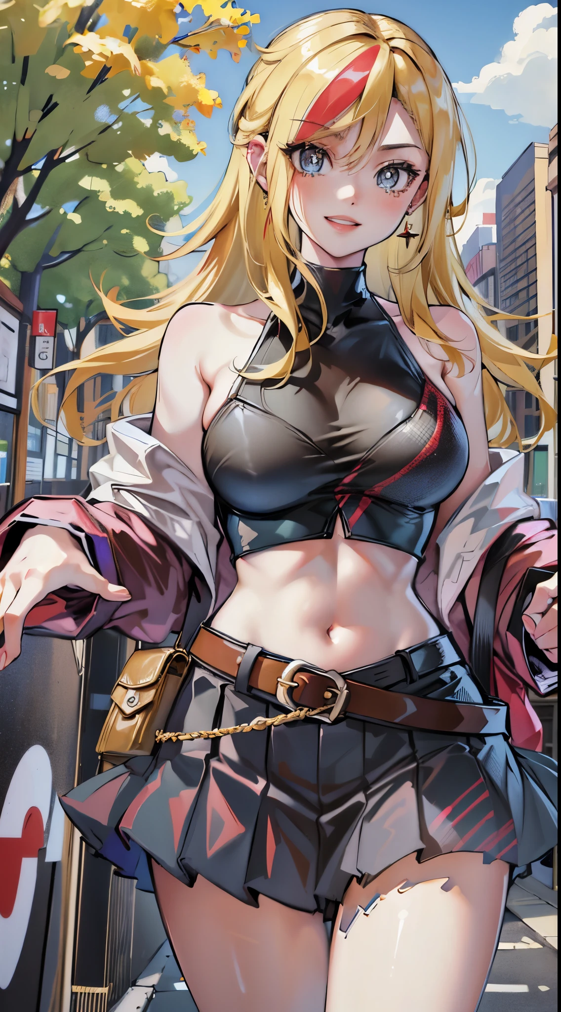 Renner, , outdoors, rooftop, cityscape, building, railing, night, night sky, scenery, moon, city lights, blush, lipstick, masterpiece,high quality,4k,jacket, bare shoulder,belly,crop top,outdoor,cleavage,jeans,casual  dress,street,road,smile, open mouth, (nsfw) not safe for work, holding a gun,handgun, evil expression,  exposed belly, exposed navel, exposed midriff, exposed lower belly, crop top overhang, underboob,  unbuttoned jeans , low rise black jeans, Low rise jeans, Low rise jeans with open fly