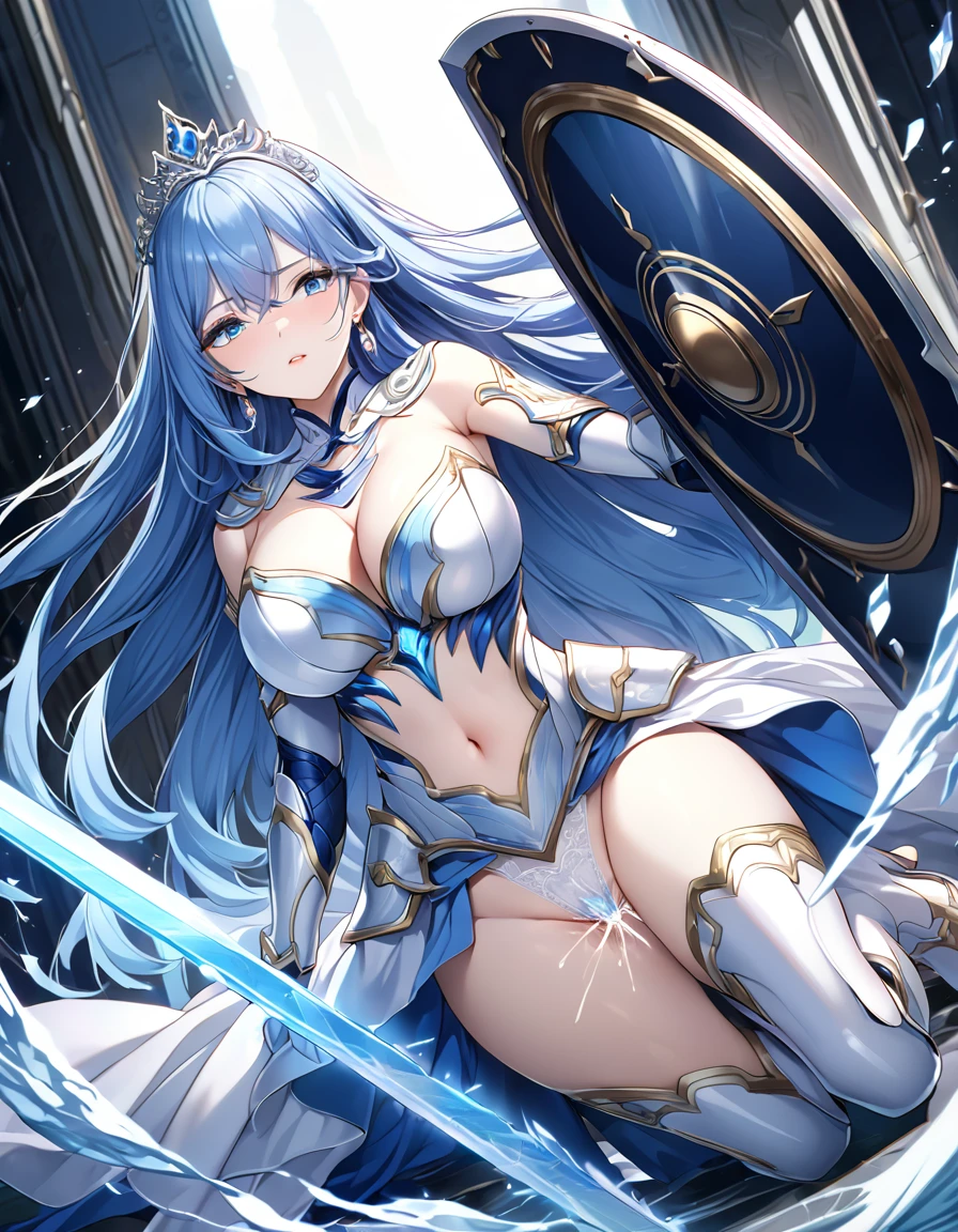 (hypnotism, Hypnotic state), (Perfect Anatomy)、masterpiece、 super high quality、 8k、masterpiece、Best Quality、Ultra-high resolution、Maximum resolution、Very detailed、 professional lighting、woman、thin、so beautiful、Very detailedな目、Very detailedな顔、Blue and white armor, Model-like body,  Luxurious Tiara with Golden Decorations，Gold earrings，Frilled Armor，Light blue hair, blue eyes，White underwear、Gloss Lip、Pink Lips、Big Breasts、Temple, Full Body, Dynamic Angle,  dynamic poses , Heroic Pose, icicle, (((Long sword))), (((shield))), Defend with Water Magic , Goddess Armor, High heels, Floating Hair,  Detailed Armor Patterns , ( Masturbate While Undressing Your Armor , Incontinence due to orgasm ), 