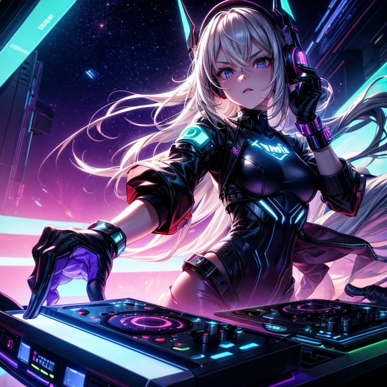 woman with radiant white hair, with headphones, using a DJ controller, creates a cinematic style image with the name "DMBMIX" as the cover of her YouTube channel, featuring a futuristic, high-tech design inspired by cinematic innovation , with dominant colors of Ruby and Green accented by neon lights and patterns. glowing circuitry, against a dark gradient background transitioning from deep indigo to starry night sky, with "DMBMIX" brand name emblazoned in bold 3D metallic font with sharp angular lines and subtle holographic effects, surrounded by moving orbital rays, wires and microchips , conveying a sense of cutting-edge technology and dynamic energy